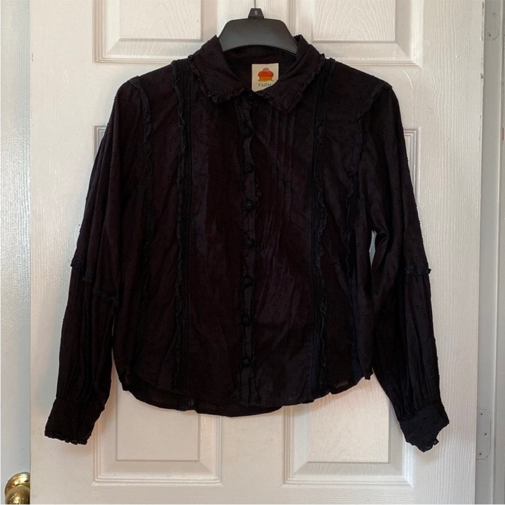 FARM RIO Black Swiss Dot Lace Peasant Victorian Blouse